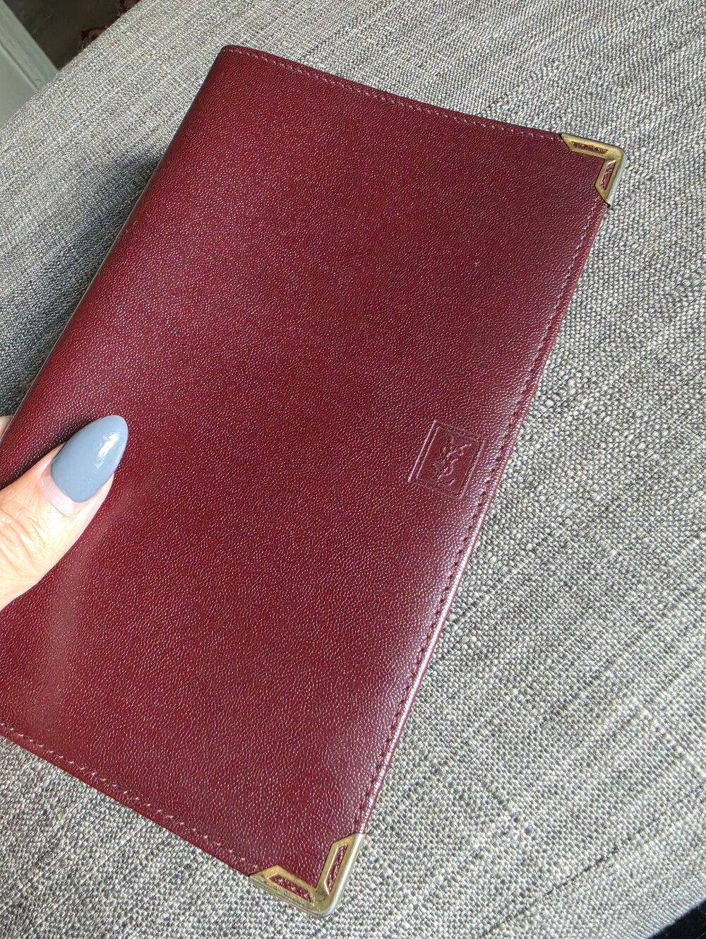 Authentic YSL Burgundy Leather Travel Wallet with Gold Corners